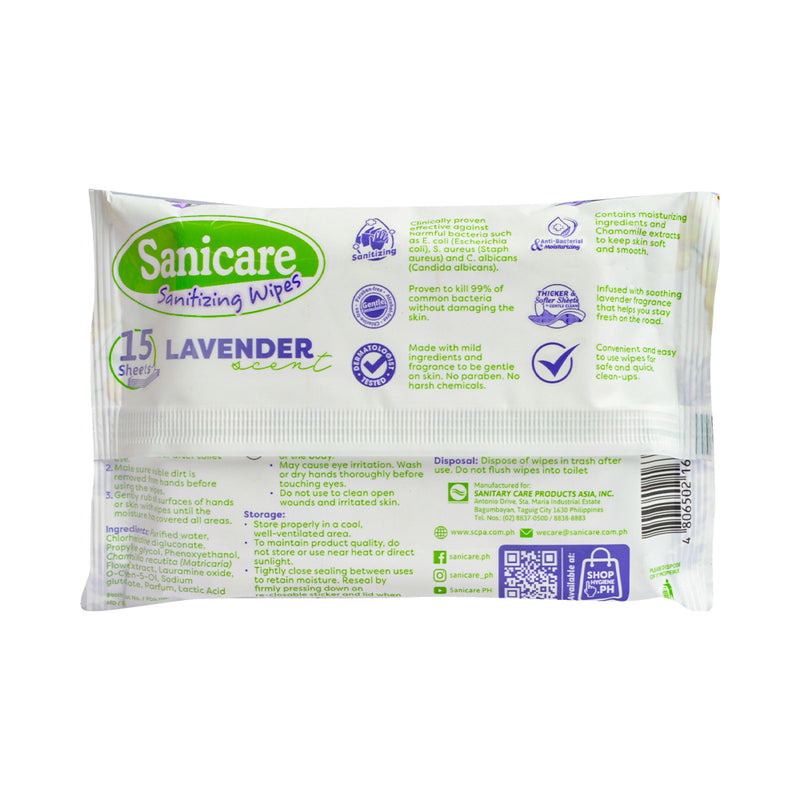 Sanicare Cleansing Wipes Lavander Scents 15 Sheets