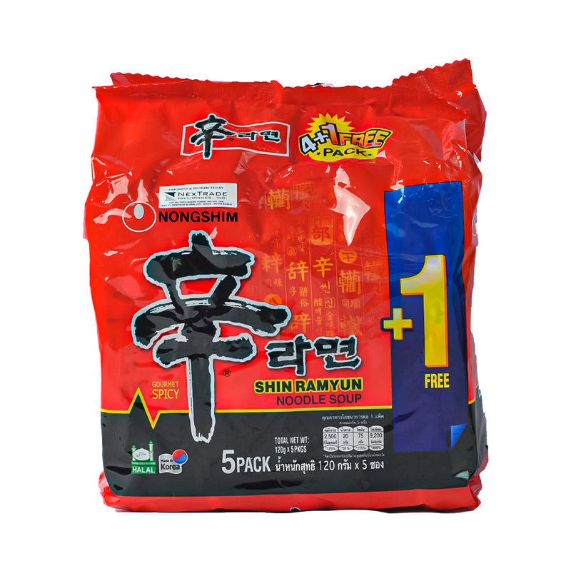 Nongshim Pouch Noodles Shin Ramyun Hot and Spicy 120g 4's + 1