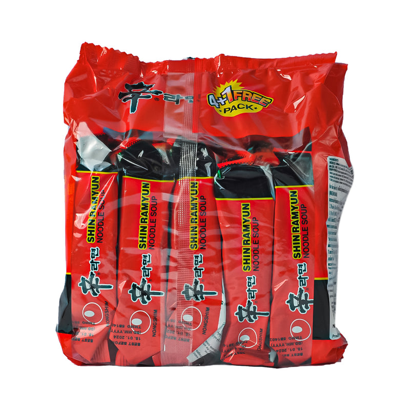 Nongshim Pouch Noodles Shin Ramyun Hot and Spicy 120g 4's + 1