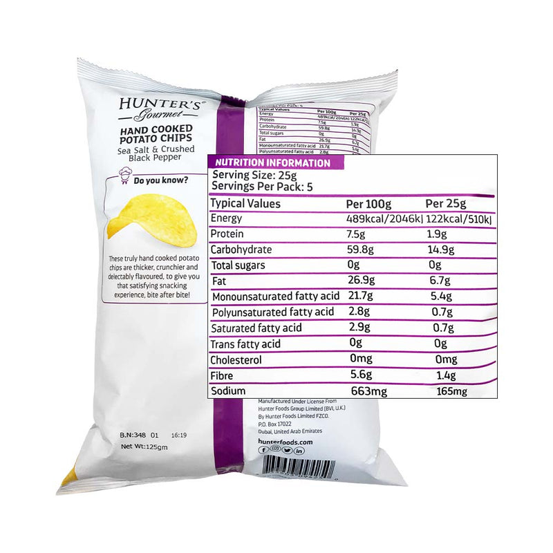 Hunters Hand Cooked Potato Chips Sea Salt And Crushed Black Pepper 125g