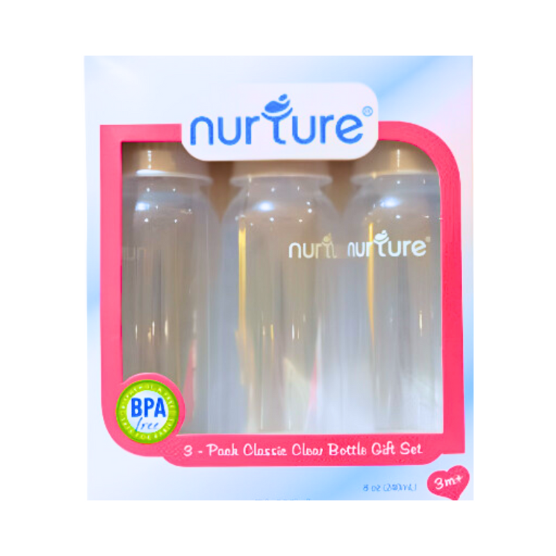 Nurture Feeding Bottle Classic Clear 8oz Gift Set 3's