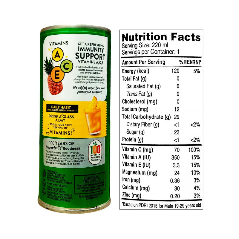 Del Monte 100% Pineapple Juice With Vitamins ACE 220ml
