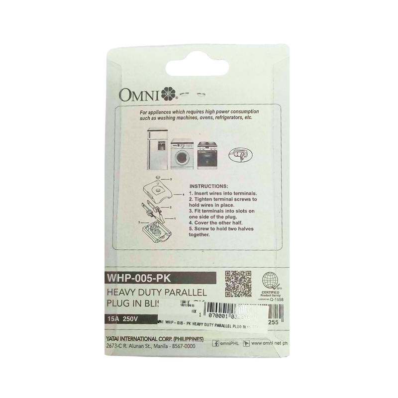 Omni  WHP-005-PK Heavy Duty Parallel Plug Blister 15Amp