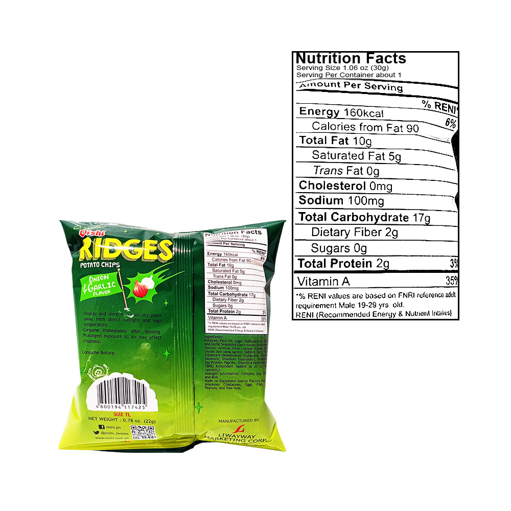 Oish Ridges Oishi Ridges Potato Chips Onion And Garlic 22g