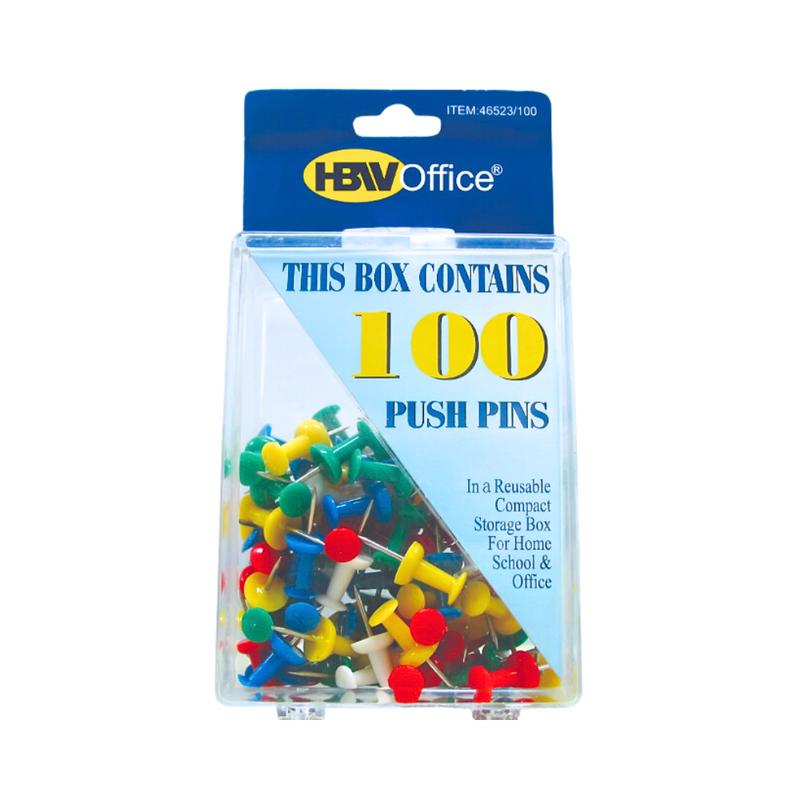 HBW Office Push Pins In Plastic Case 100's