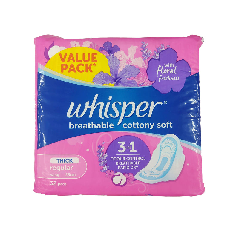 Whisper Regular Flow Cottony Clean With Wings 32 Pads Sulit Pack