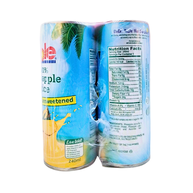 Dole Singles Juice Drink 100% Pineapple Unsweetened 240ml x 4's