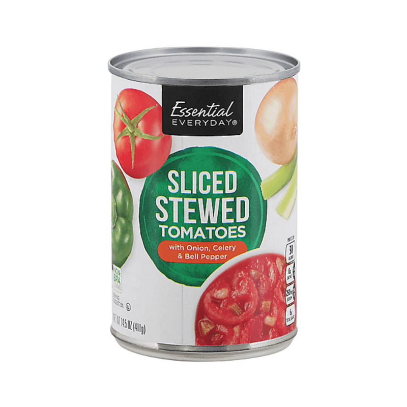 Essential Everyday Sliced Stewed Tomatoes With Onion Celery And Bell Pepper 411g