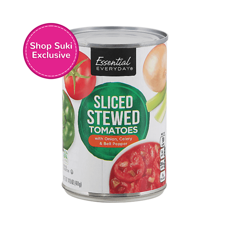 Essential Everyday Sliced Stewed Tomatoes With Onion Celery And Bell Pepper 411g