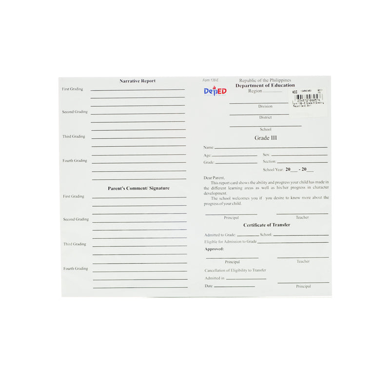 Grading Report Card Form 138-E Grade 3 3in1