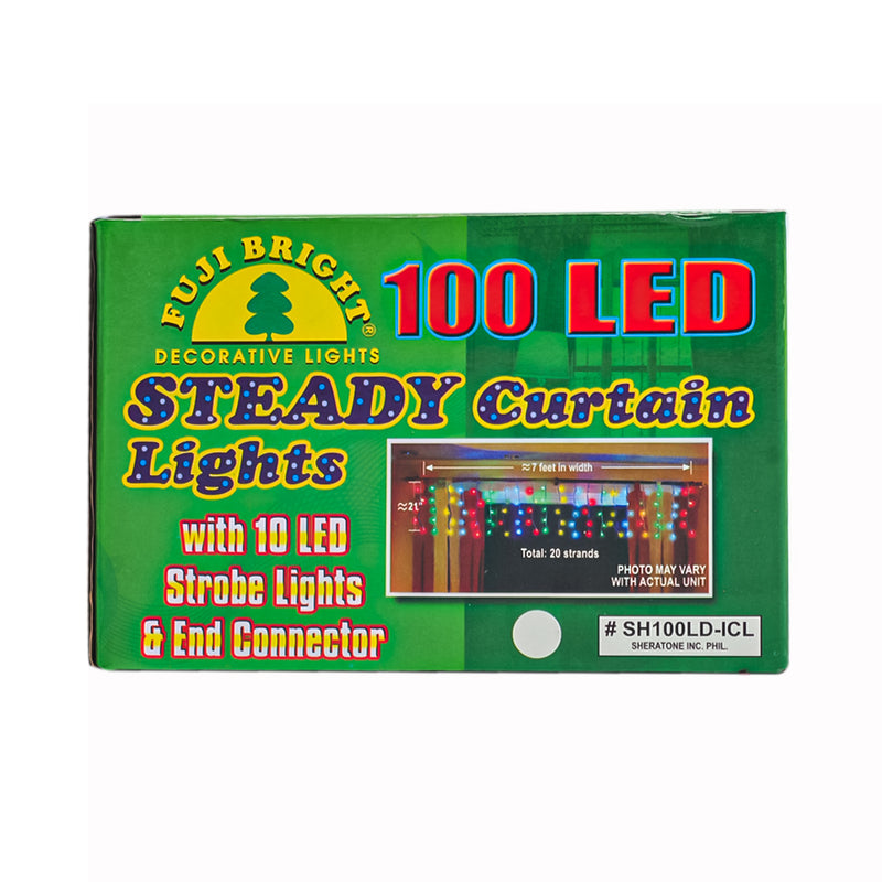 Fuji Bright 100 LED Steady Curtain Light With 10 Strobes And End Connector White Wire White 2.1m