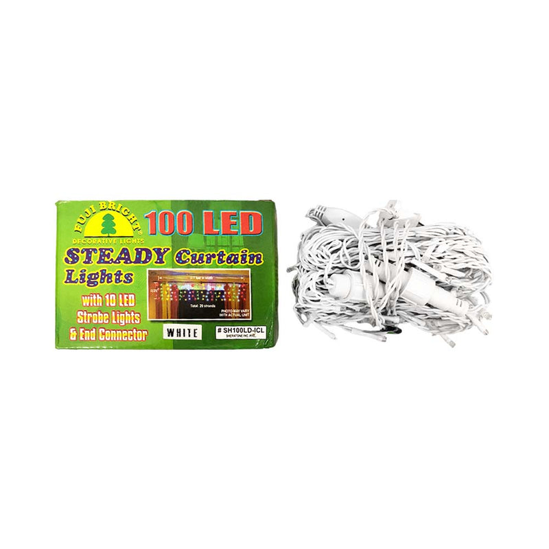Fuji Bright 100 LED Steady Curtain Light With 10 Strobes & End Connector White Wire White 2.1m