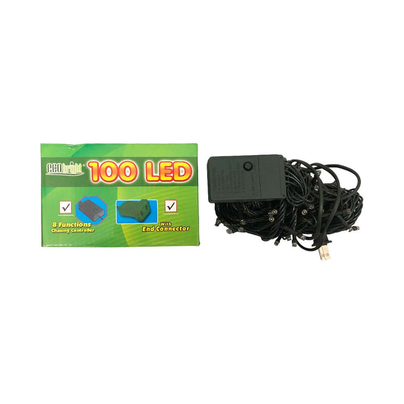 Eco Bright 100 LED Chasing String Light With End Connector Green Wire White 7m