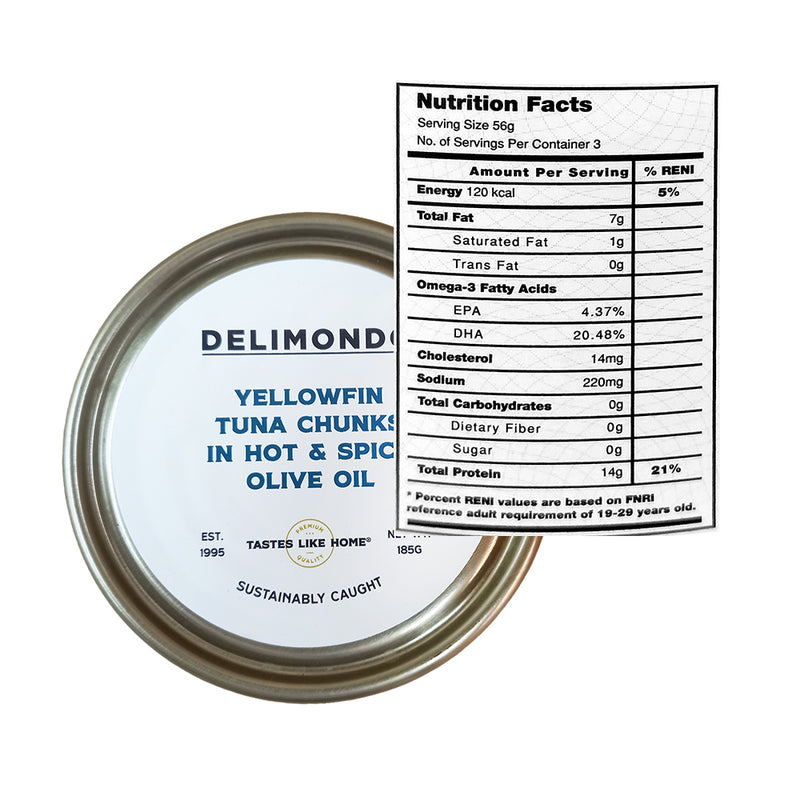 Delimondo Yellow Fin Tuna Chunks Hot And Spicy Olive Oil 185g