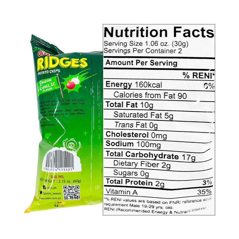 Oish Ridges Oishi Ridges Potato Chips Onion And Garlic 60g