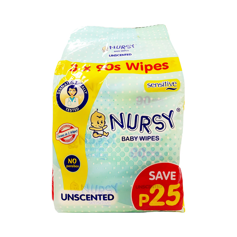 Nursy Baby Wipes Unscented 90's x 3's