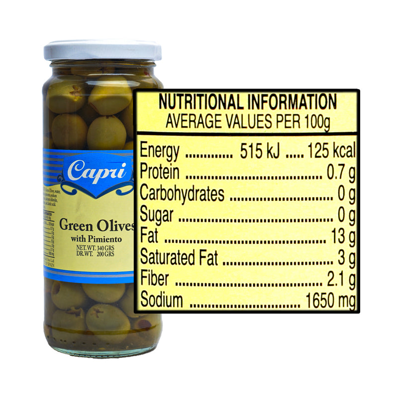 Capri Green Olives With Pimiento 340g