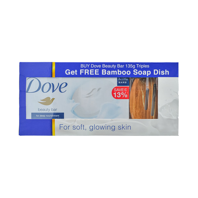 Dove Bar White Triples 135g x 3's Free Bamboo Soap Dish