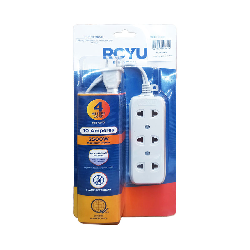 Royu 3-Gang Extension Cord White 4 Meters