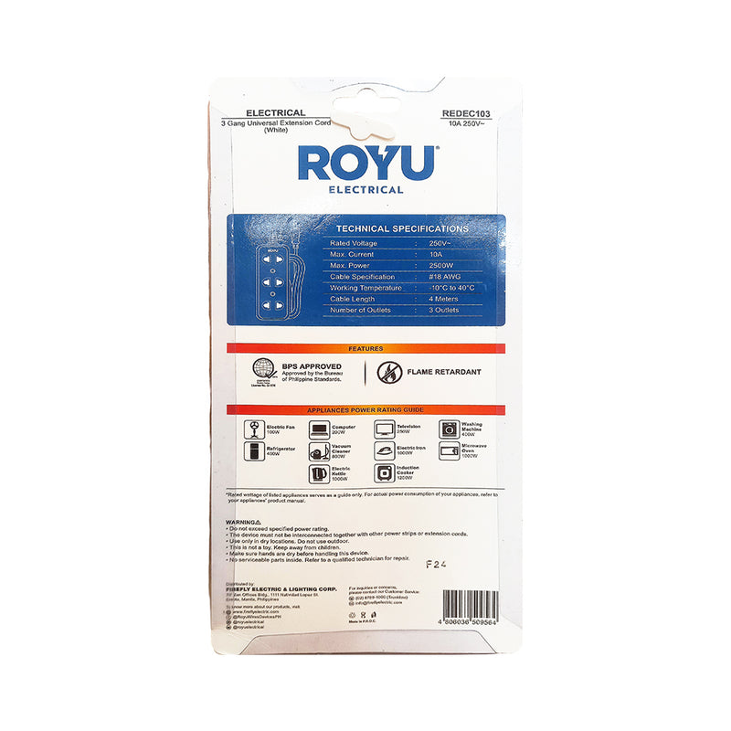 Royu 3-Gang Extension Cord White 4 Meters