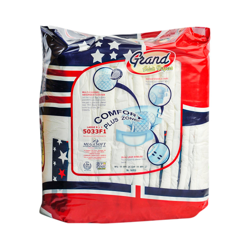 Grand Adult Diaper Large 8's + 1 Pad Free