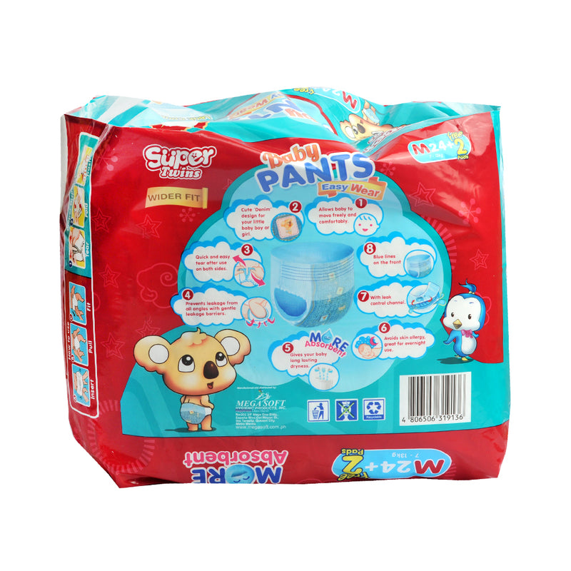 Super Twins Baby Pants Diaper Big Pack Medium 24's + 2 Free Pads