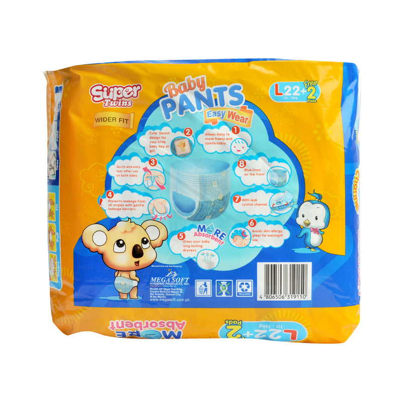 Super Twins Baby Pants Diaper Big Pack Large 22's + 2 Free Pads