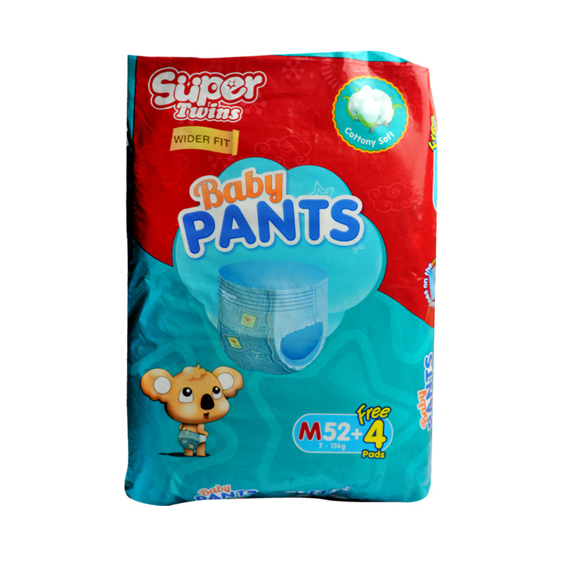 Super Twins Baby Pants Diaper Jumbo Pack Medium 52's + 4 Pads