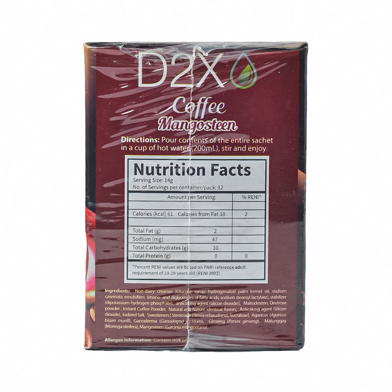 D2X Coffee Mangosteen With Naturally Stevia 14g x 12 Sachets