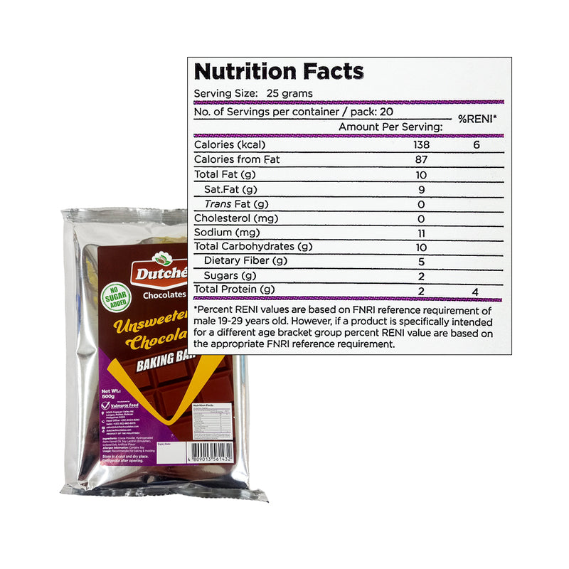 Dutche Baking Bar Unsweetened Chocolate 500g