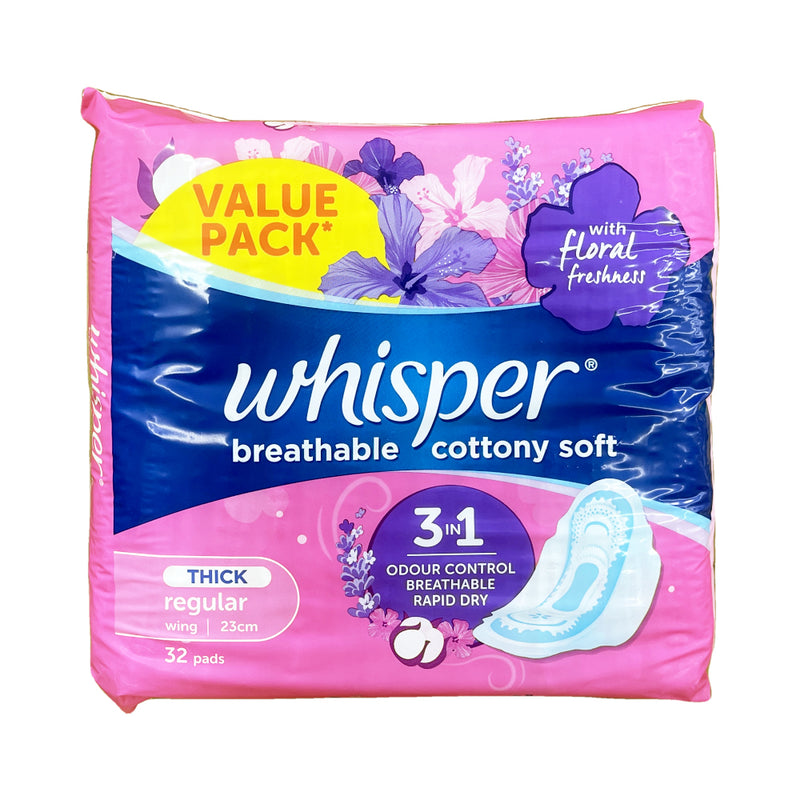 Whisper Regular Flow Cottony Clean With Wings 32 Pads Sulit Pack