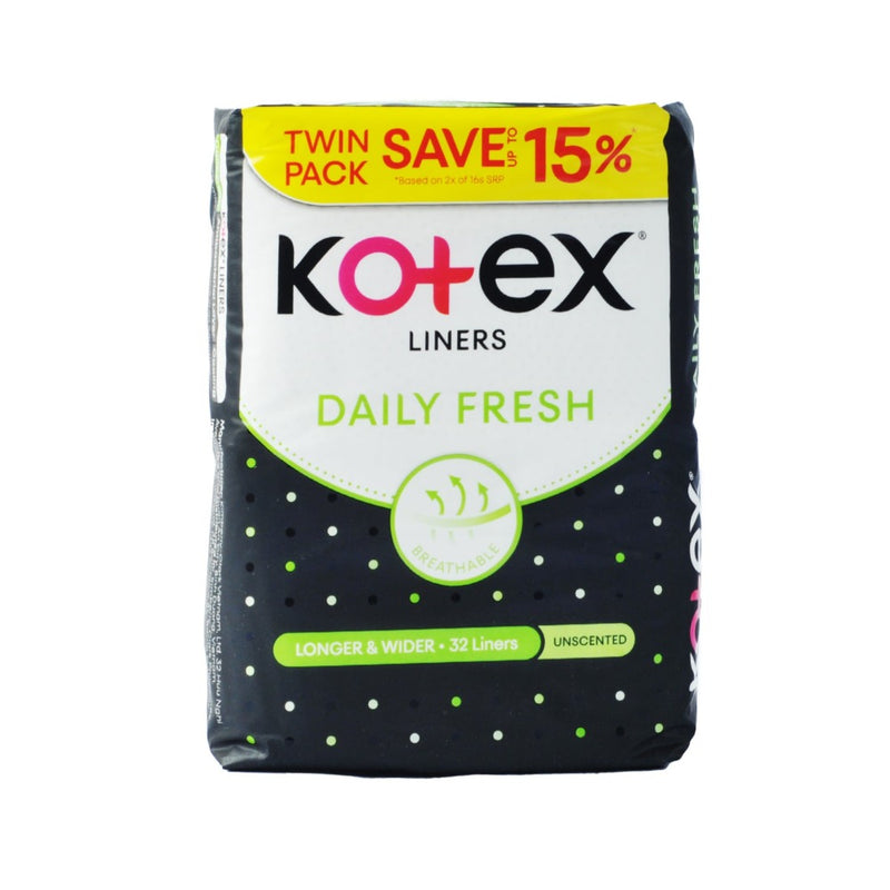 Kotex Fresh Longer And Wider Panty Liner Unscented 32's
