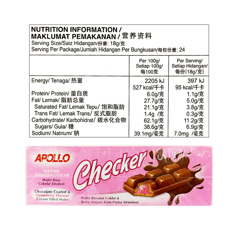 Apollo Checker Chocolate Coated And Strawberry Cream Filled Wafer 18g x 24's