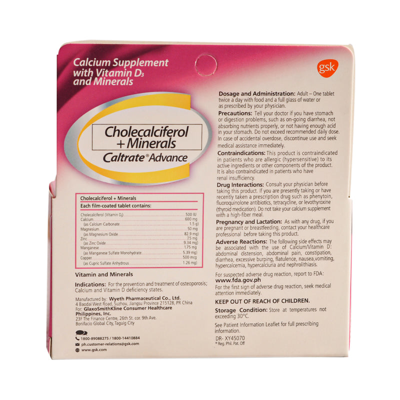 Caltrate Advance Cholecalciferol + Minerals Tablet By 30's