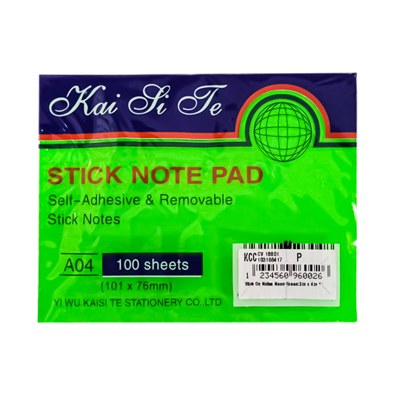 Stick On Notes Neon Green 3in x 4in 100's