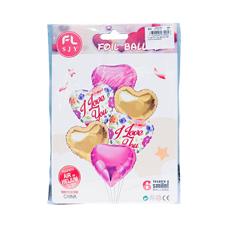 I Love You Foil Balloon Set 6's Fuchsia and Gold