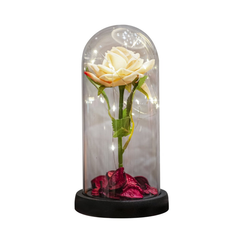 Ideal Living Artificial Rose In Glass Dome With Lights Peach