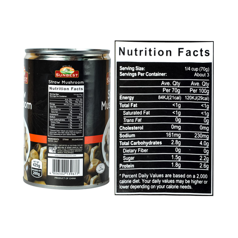 Straw mushrooms - tinned Nutrition Facts